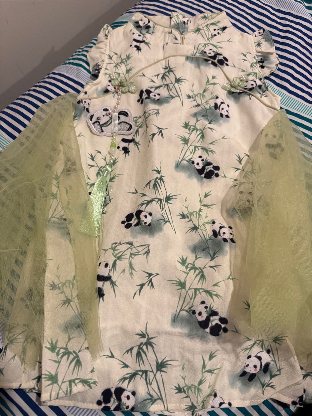 Panda Print Dress with Light Green Tulle Sleeves